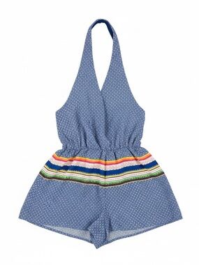Lush Blue Printed Halter Romper with Colorful Striped Waist